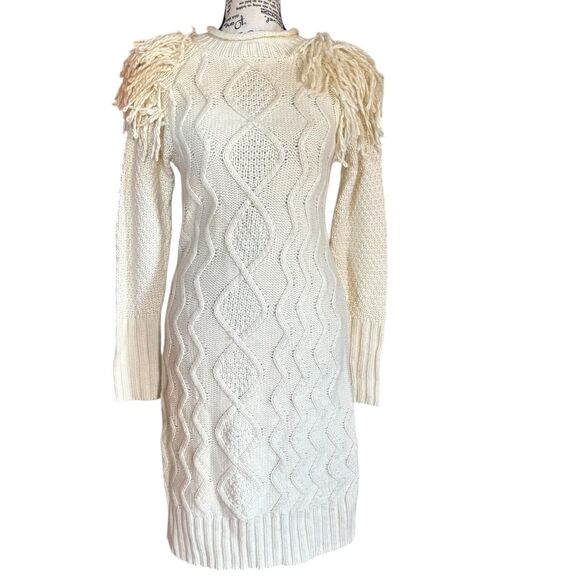 Eliza J Size XS Ivory Fringe Shoulder Cable Knit Sweater Dress Boho Cowgirl - Picture 1 of 6